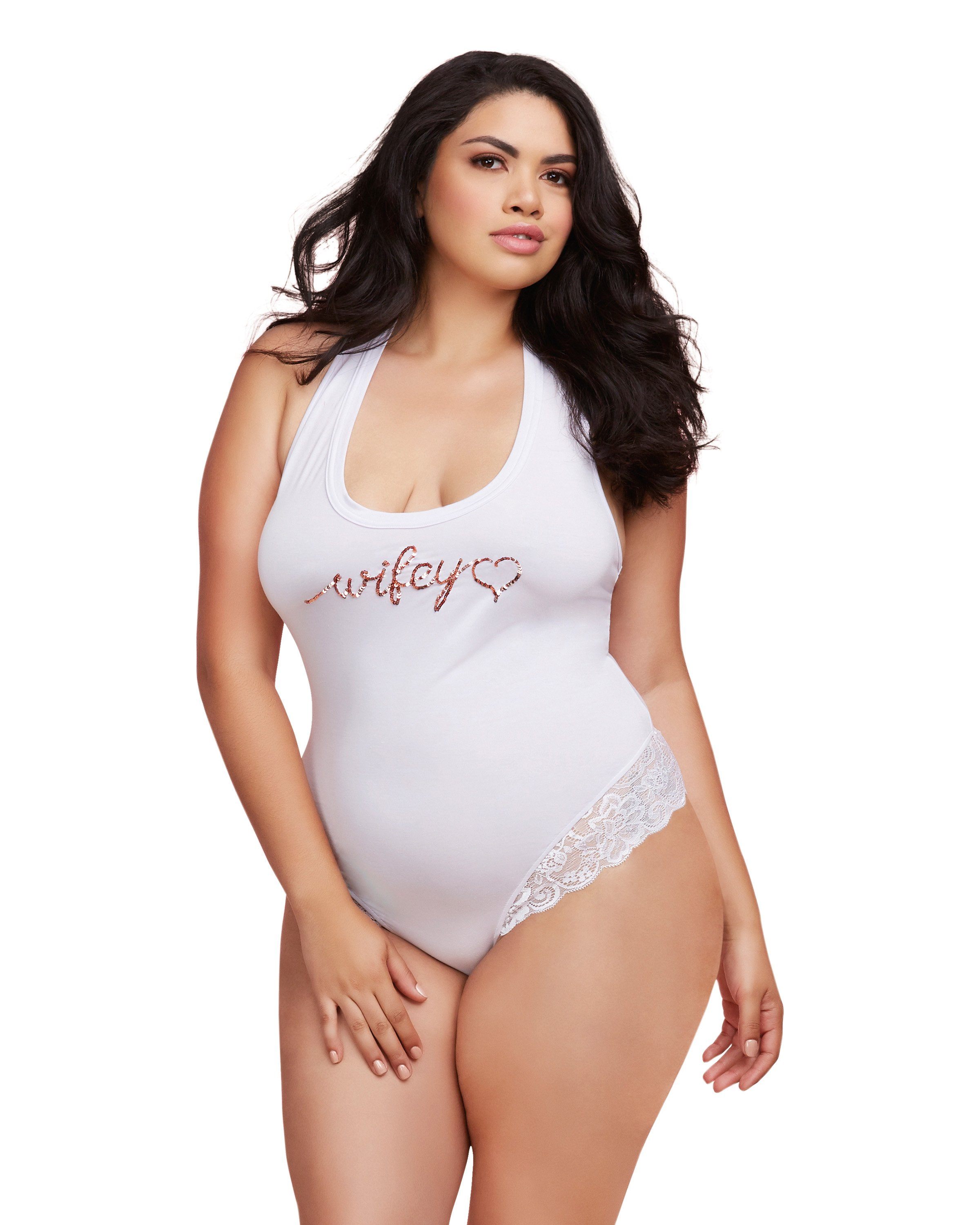 Dreamgirl Plus Size Soft Spandex Jersey 'Wifey' Bodysuit with Thong Back