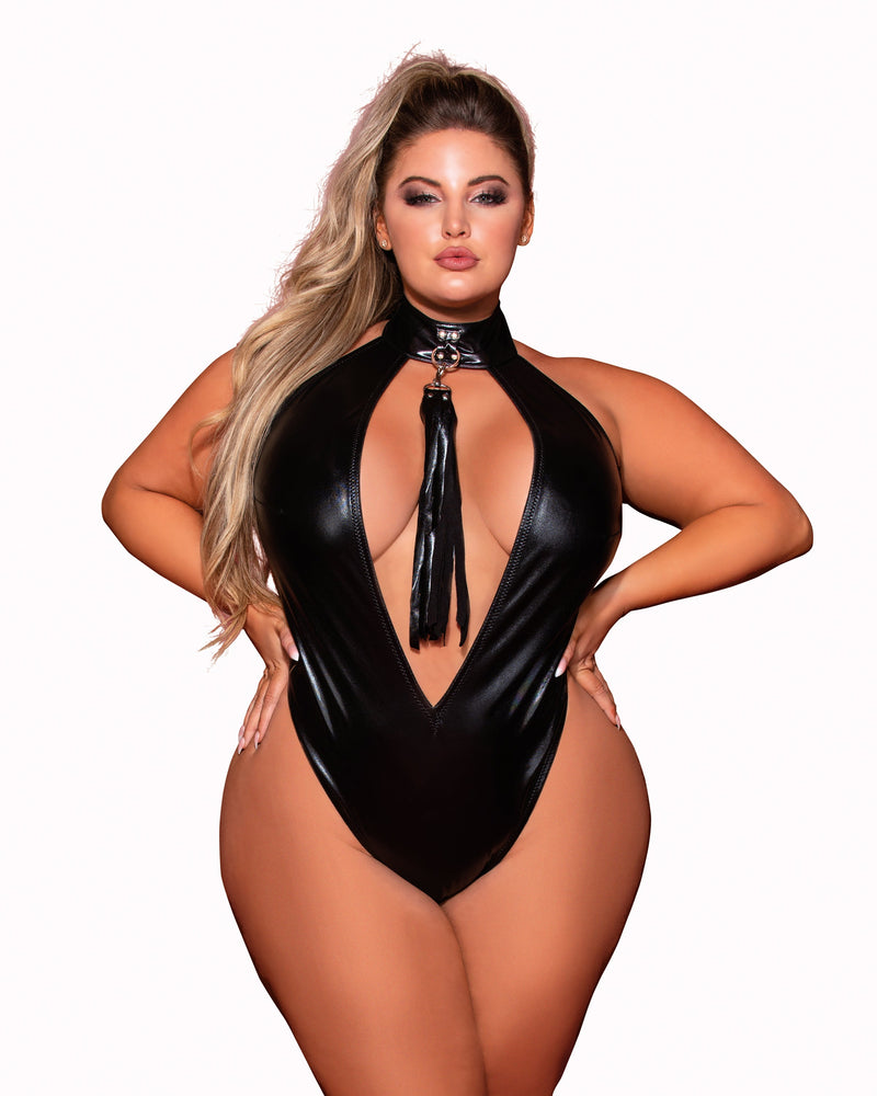 Plus Size Stretch Faux-Leather Halter Teddy with Studded Collar & Flogger Accessory Teddy Dreamgirl International 