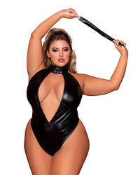 Plus Size Stretch Faux-Leather Halter Teddy with Studded Collar & Flogger Accessory Teddy Dreamgirl International