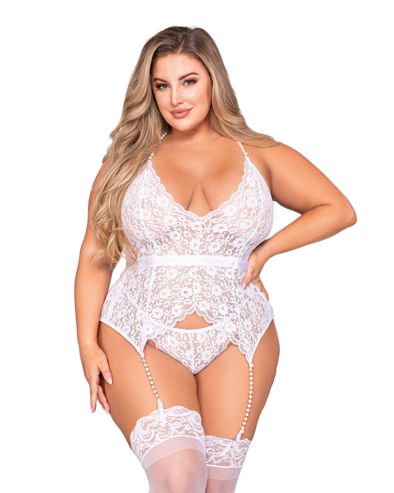 Plus Size Stretch Lace Halter Bustier & G-String Set with Pearl Trim Lingerie Set Dreamgirl International 