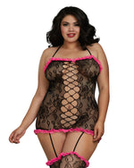 Plus Size Stretch Lace Halter Garter Dress with Ruffled Lace Accents Garter Dress Dreamgirl International 