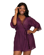 Plus Size Stretch Mesh Chemise & Robe Set Robes Dreamgirl International 1X Plum 