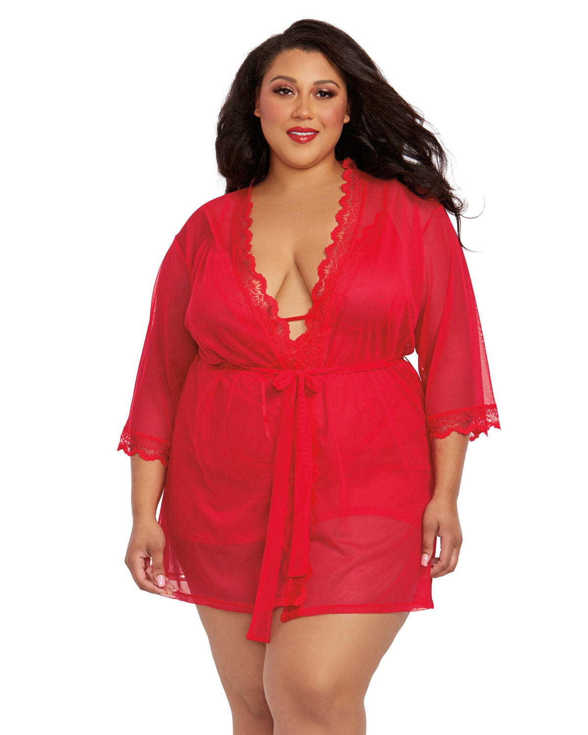 Plus Size Stretch Mesh Chemise & Robe Set with Scalloped Lace Trim Throughout Robes Dreamgirl International 1X Rouge 