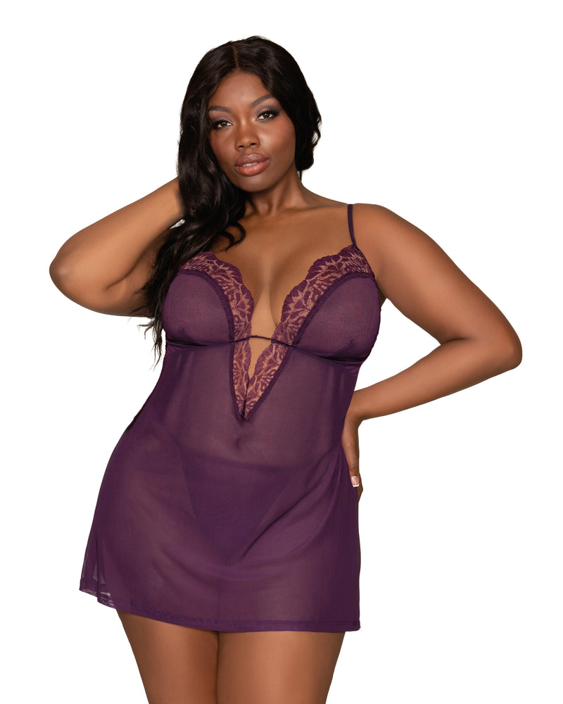 Plus Size Stretch Mesh Chemise & Robe Set with Scalloped Lace Trim Throughout Robes Dreamgirl International 