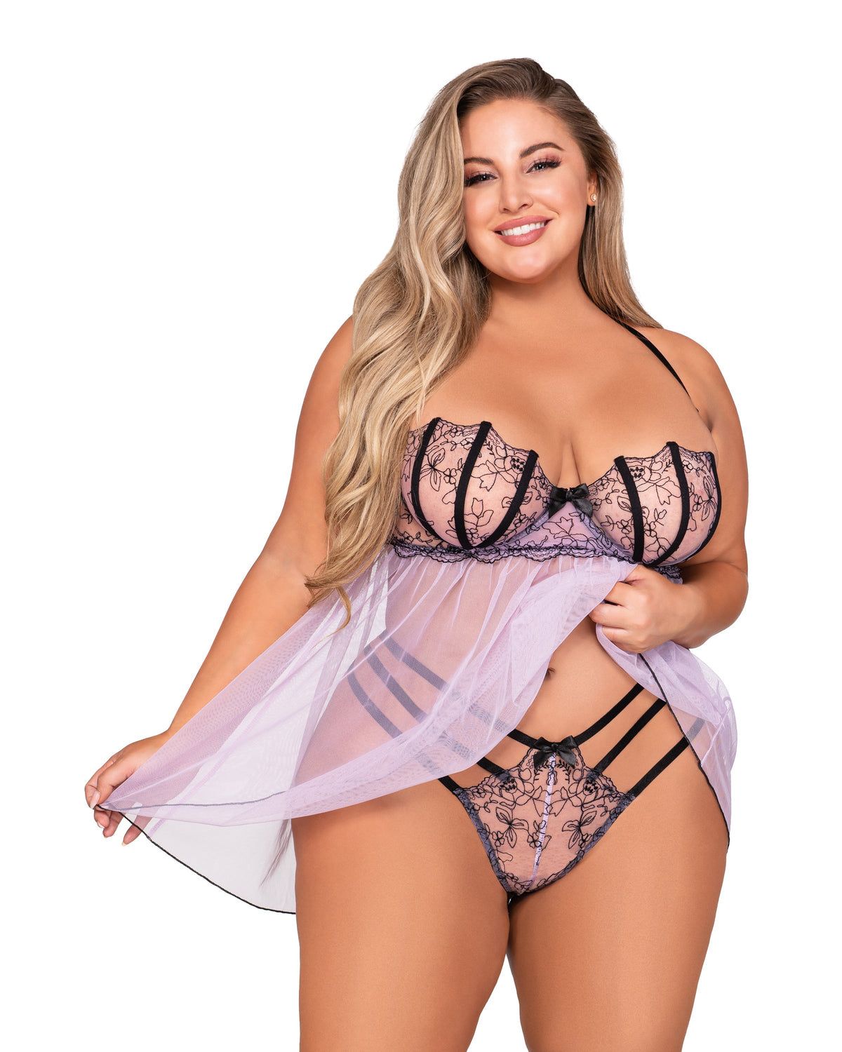 Plus Size Stretch Mesh Embroidered Babydoll & G-String Set with Adjustable Halter Neck Babydoll Dreamgirl International 