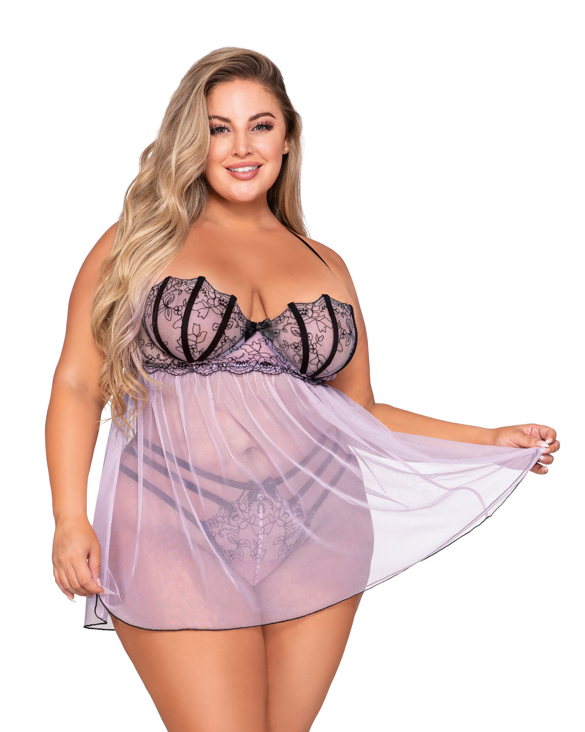 Plus Size Stretch Mesh Embroidered Babydoll & G-String Set with Adjustable Halter Neck Babydoll Dreamgirl International 