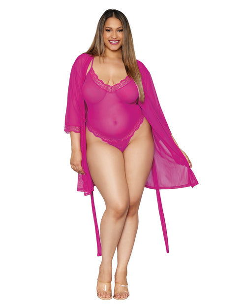Plus Size Stretch Mesh Teddy and Robe Set with Lace Trim Details LINGERIE ROBE SET Dreamgirl International 