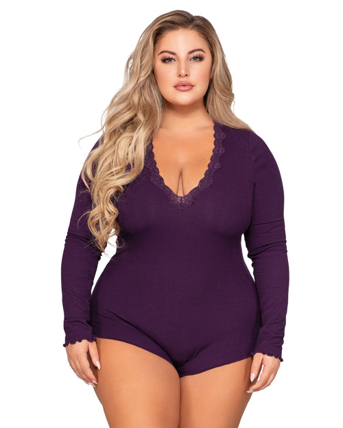 Plus Size Stretch Rib Knit Sleepwear Romper with Plunge Neckline Dreamgirl International 