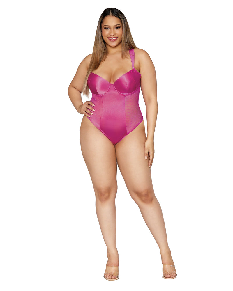 Plus Size Stretch Satin and Heart Mesh Teddy LINGERIE TEDDIE Dreamgirl International 