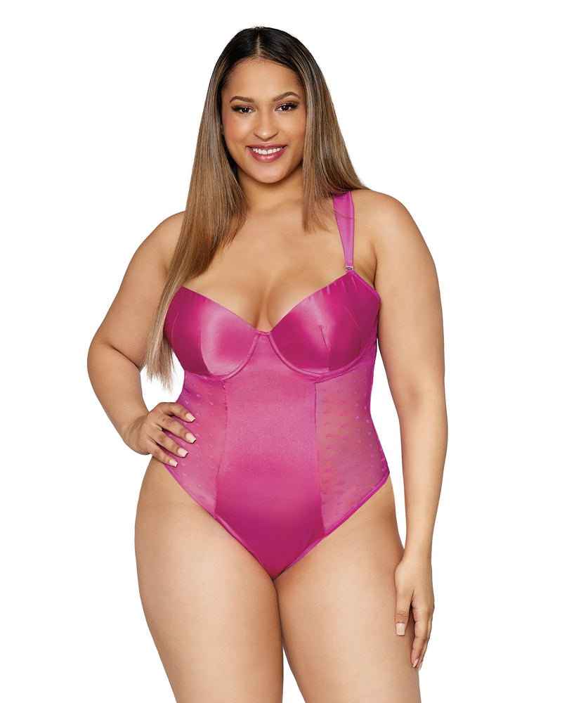 Plus Size Stretch Satin and Heart Mesh Teddy LINGERIE TEDDIE Dreamgirl International 