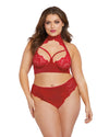 Plus Size Stretch Velvet Bra & Open Back Panty Lingerie Set with Halter Neckline Dreamgirl International 