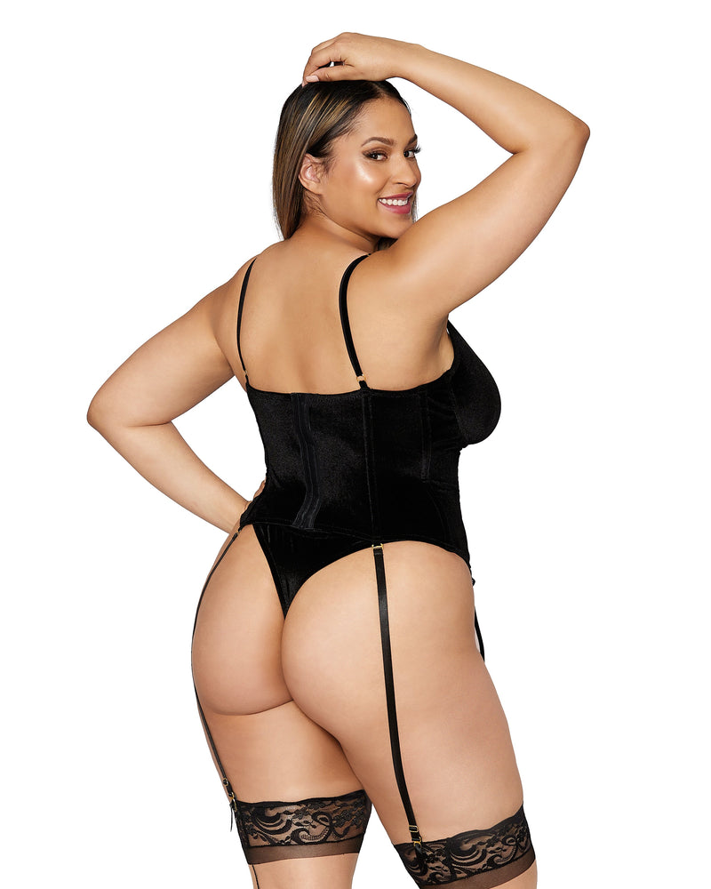 Plus Size Stretch Velvet Corset with Velvet Embroidered Applique Bodice Detail LINGERIE BUSTIER Dreamgirl International 