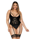 Plus Size Stretch Velvet Corset with Velvet Embroidered Applique Bodice Detail LINGERIE BUSTIER Dreamgirl International 