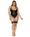 Plus Size Stretch Velvet Corset with Velvet Embroidered Applique Bodice Detail LINGERIE BUSTIER Dreamgirl International 