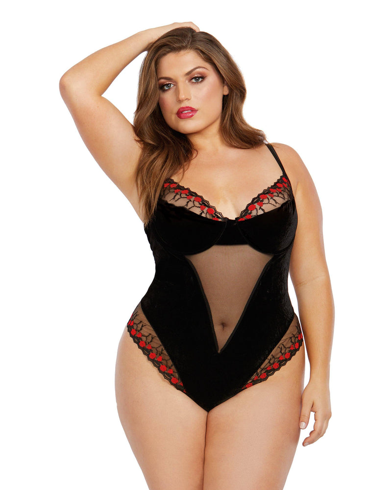 Plus Size Stretch Velvet & Lace Underwire Teddy with Tie Back Details Dreamgirl International 