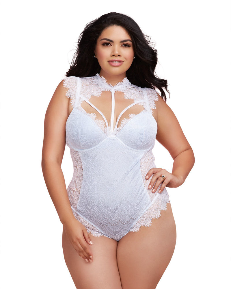 Plus Size Teddy with Contrast Lace Overlay Teddy Dreamgirl International 1X White / Powder Blue 