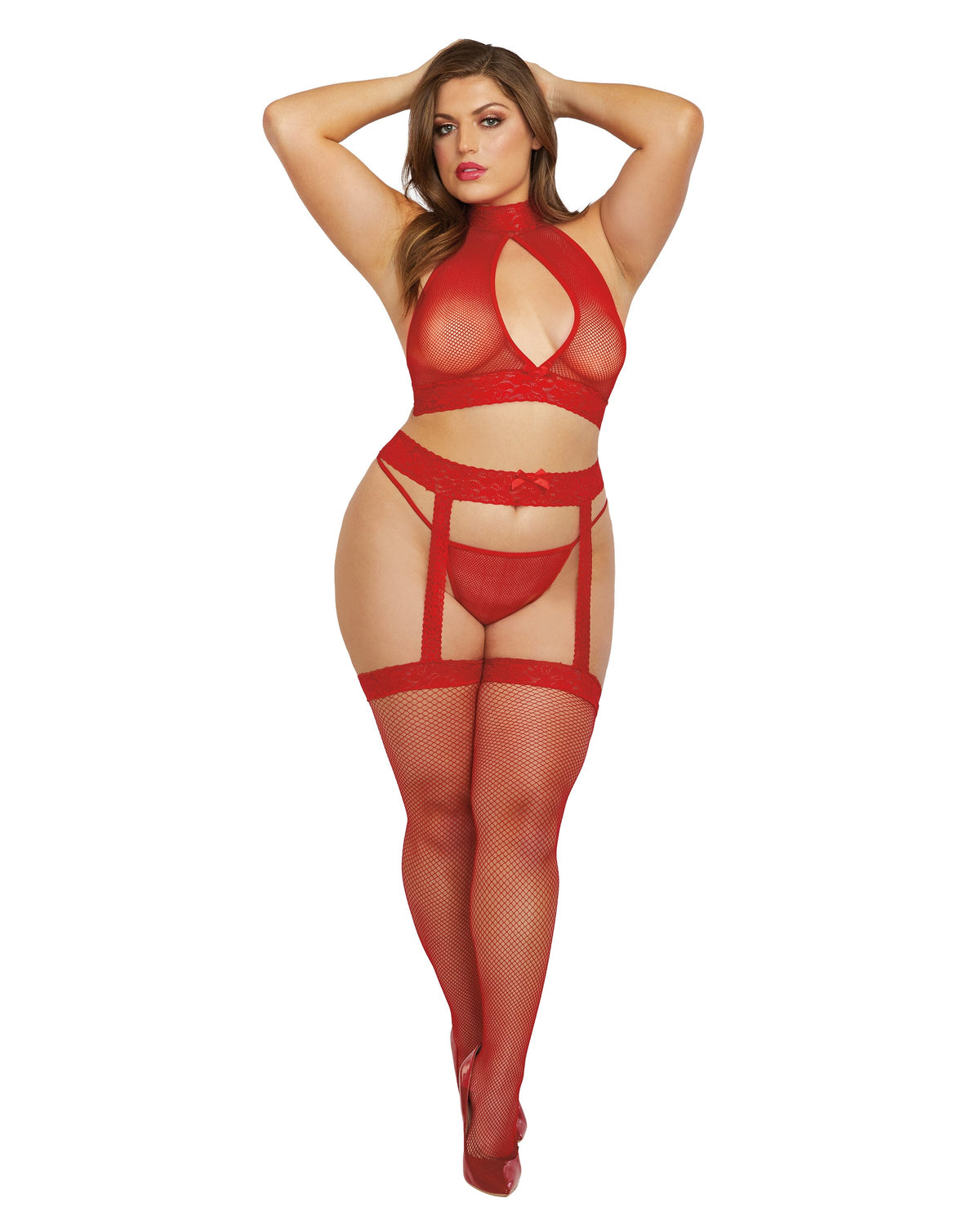 Plus Size Three-Piece Fishnet & Lace Hosiery Bodystocking Set with Snap Neck & Tie Back Closure Bodystocking Dreamgirl International 