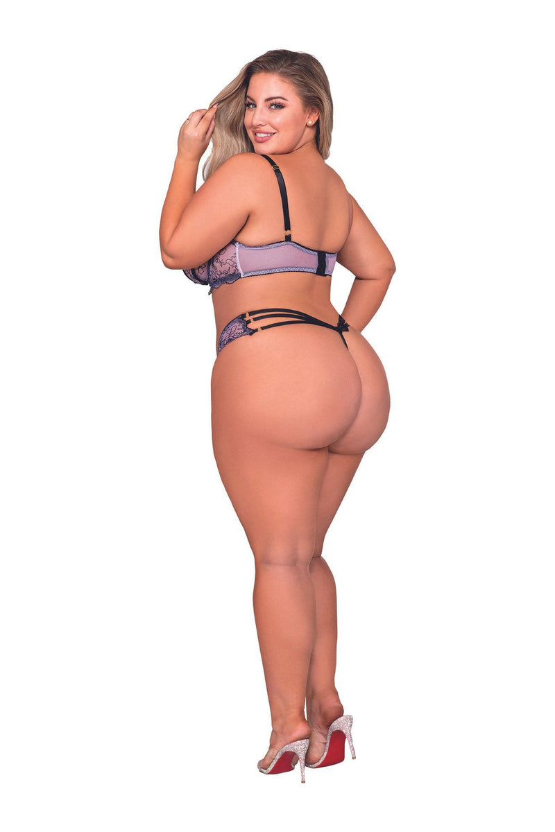 Plus Size Underwire Bra & G-String Set with Delicate Embroidery & Strappy Back G-String Babydoll Dreamgirl International 