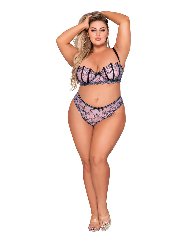 Plus Size Underwire Bra & G-String Set with Delicate Embroidery & Strappy Back G-String Babydoll Dreamgirl International 