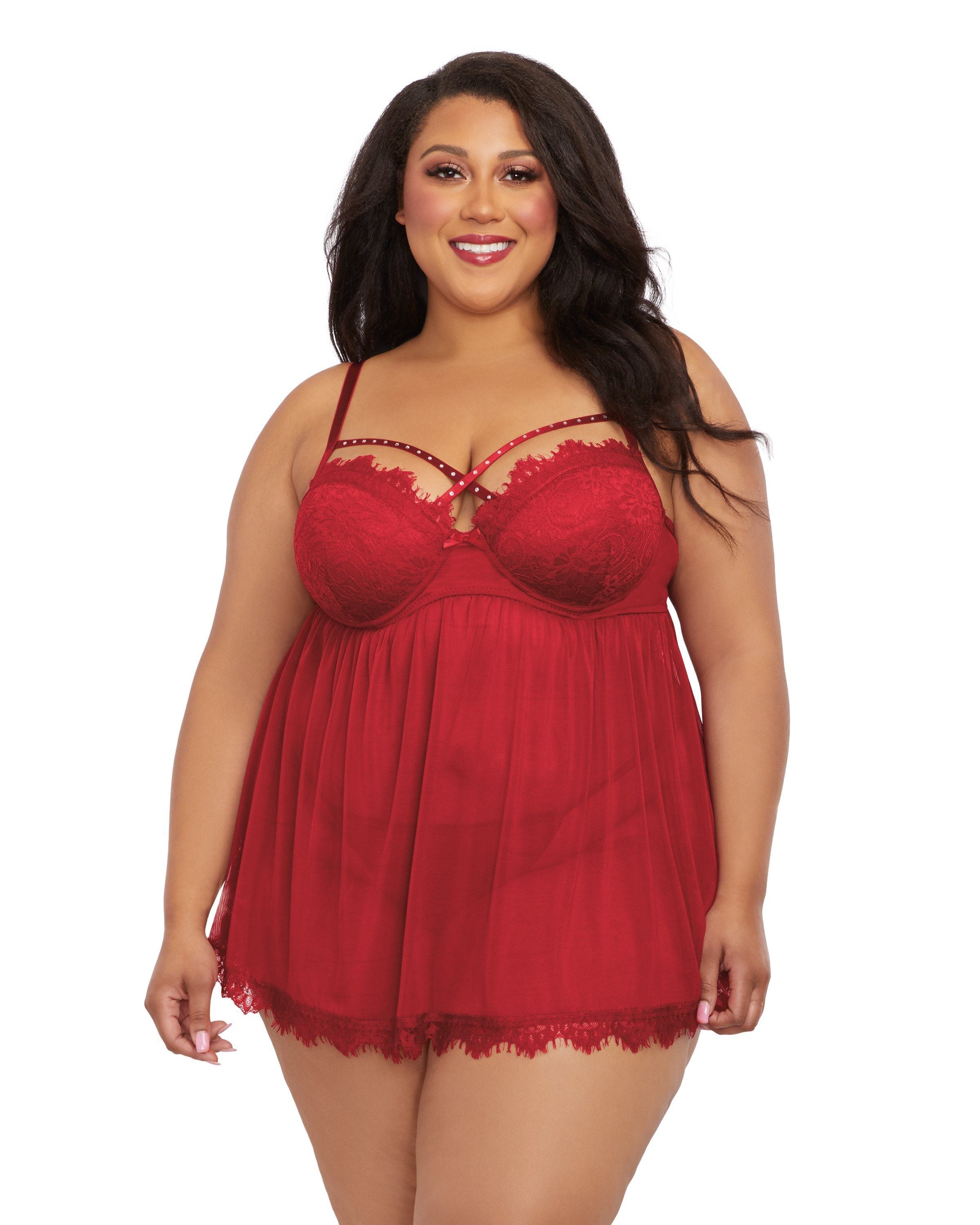 Plus Size Underwire Push Up Cup Babydoll with Stretch Mesh Skirt Dreamgirl International 