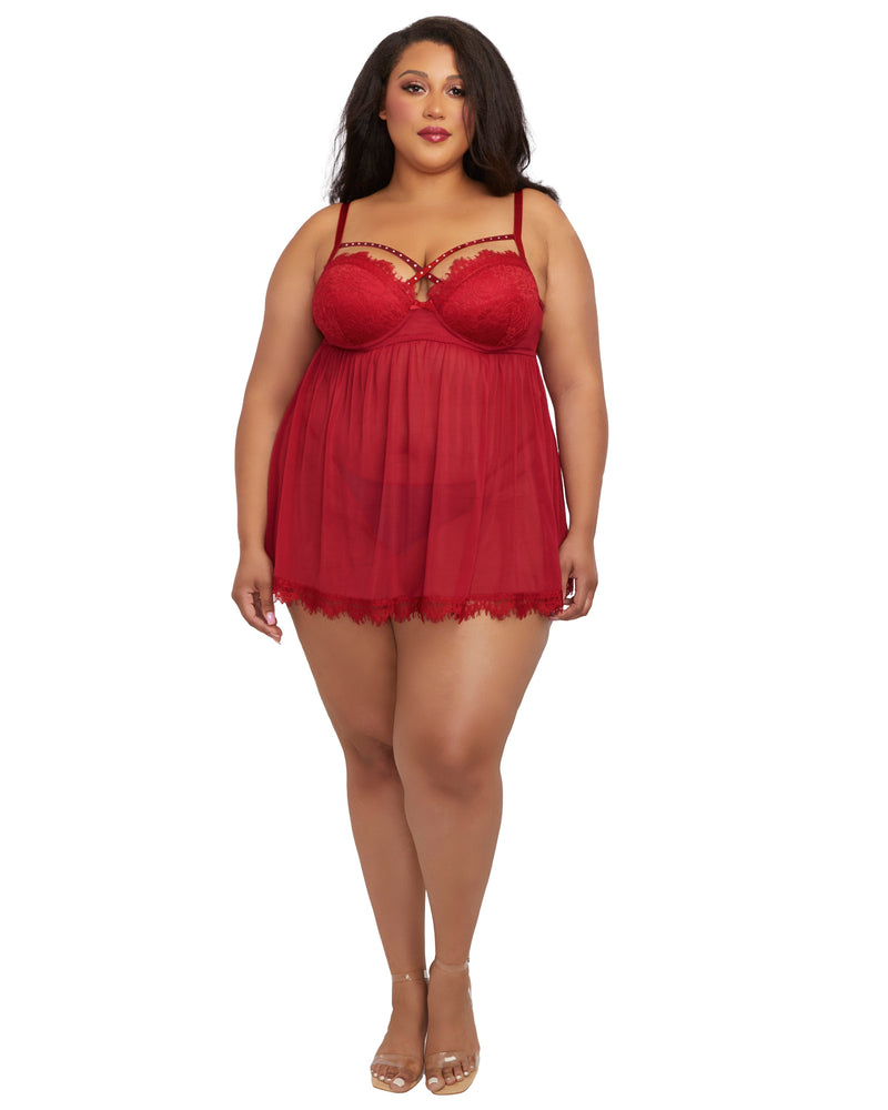 Plus Size Underwire Push Up Cup Babydoll with Stretch Mesh Skirt Dreamgirl International 