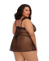 Plus Size Underwire Stretch Mesh & Eyelash Lace Fly-A-Way Front Babydoll Dreamgirl International 