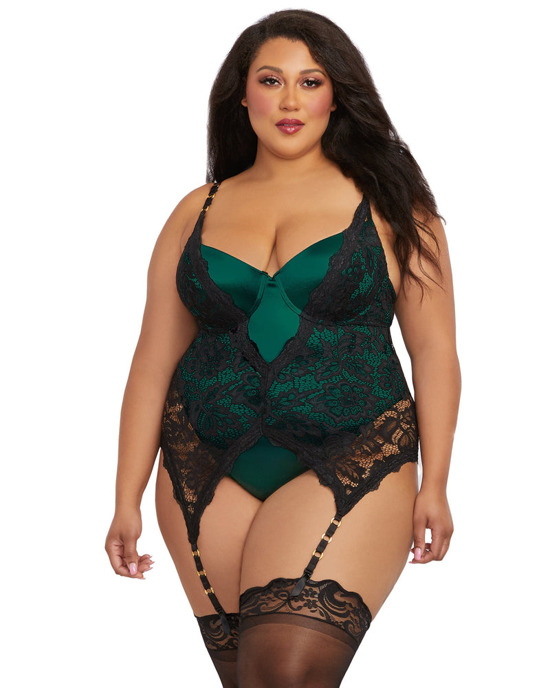 Plus Size Unique 2-Layer Stretch Satin Teddy with Overlay Garment Dreamgirl International 