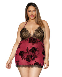 Plus Size Velvet Burnout and Eyelash Lace Chemise LINGERIE CHEMISE Dreamgirl International 