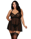 Plus Size Venice Embroidery Lace Garter Babydoll with Thong Babydoll Dreamgirl International 1X Black 