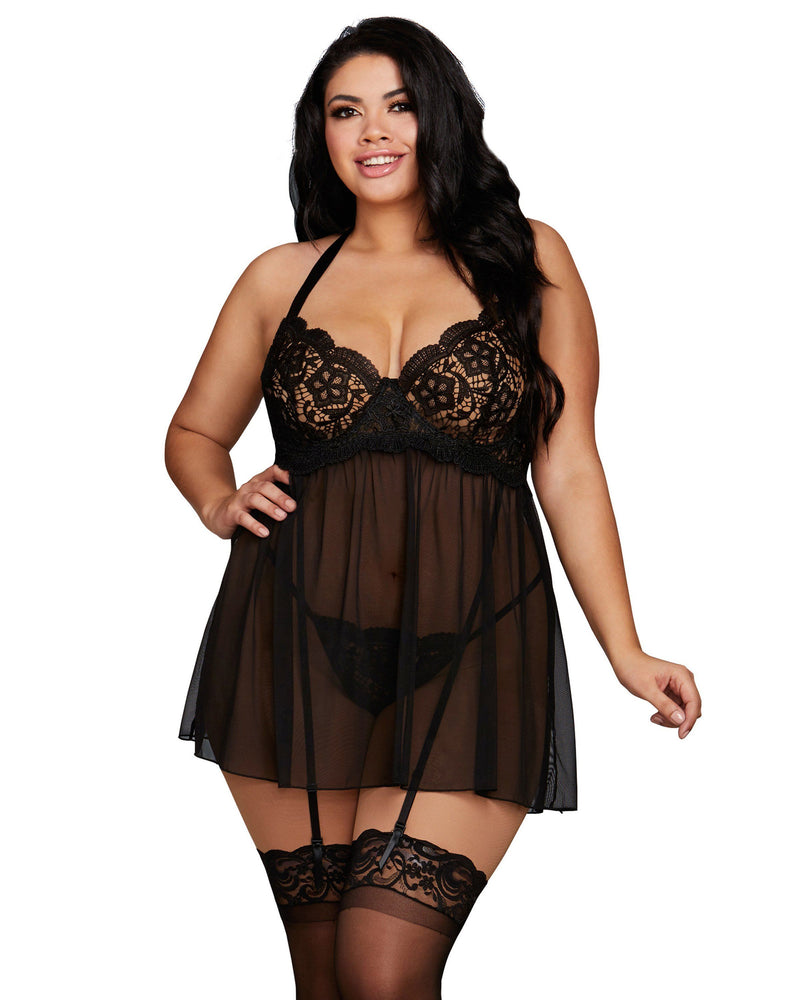 Plus Size Venice Embroidery Lace Garter Babydoll with Thong Babydoll Dreamgirl International 1X Black 