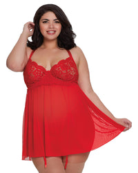 Plus Size Venice Embroidery Lace Garter Babydoll with Thong Babydoll Dreamgirl International 1X Lipstick Red 
