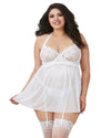 Plus Size Venice Embroidery Lace Garter Babydoll with Thong Babydoll Dreamgirl International 1X White 