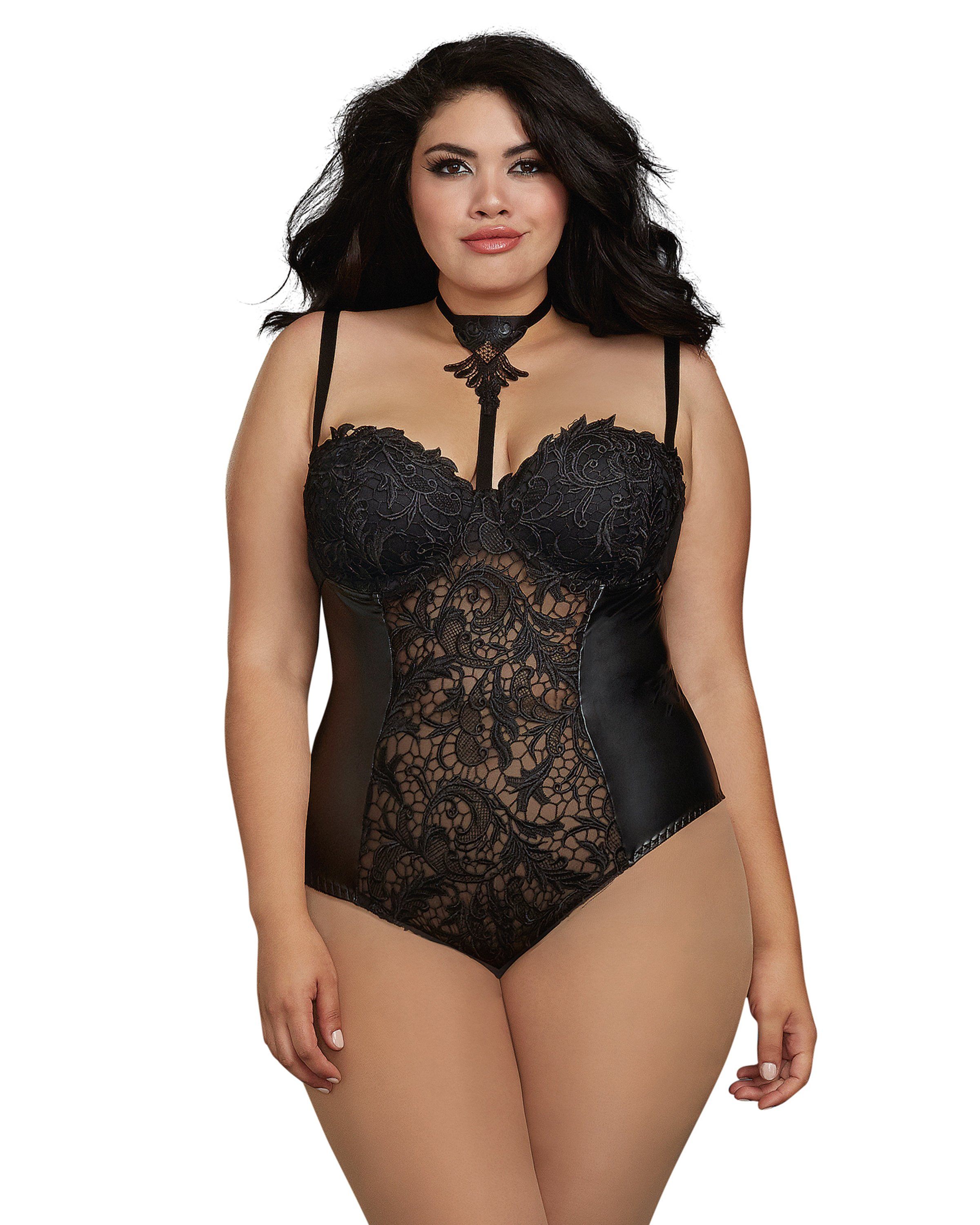 Plus Size Venice Lace and Faux Leather Collared Teddy Teddy Dreamgirl International 