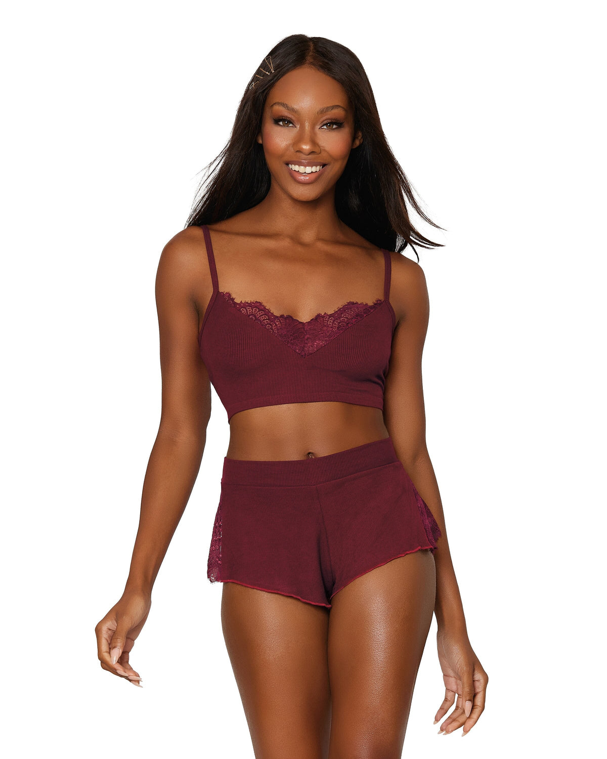 Rib-knit sleepwear bralette and short set with lace inset details Lingerie Dreamgirl International S Burgundy 