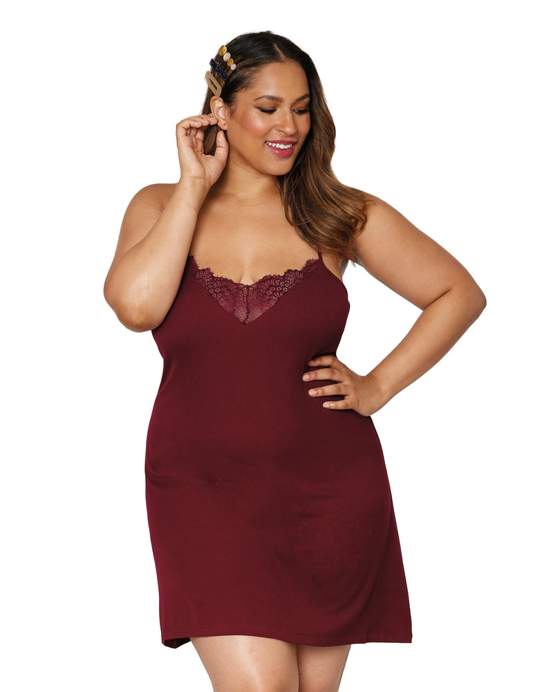 Rib knit sleepwear chemise with lace inset details Lingerie Dreamgirl International 1X Burgundy 