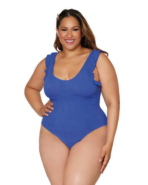 Rib knit sleepwear teddy with ruffled sleeve detail Lingerie Dreamgirl International 1X Periwinkle 