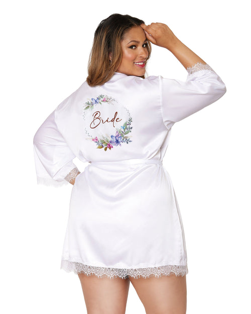 Satin and eyelash lace trim bridal robe with artistic floral screen-print on the back Lingerie Dreamgirl International 1X White 