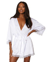 Satin and eyelash lace trim bridal robe with artistic floral screen-print on the back lingerie Dreamgirl International 