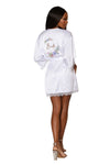 Satin and eyelash lace trim bridal robe with artistic floral screen-print on the back lingerie Dreamgirl International 