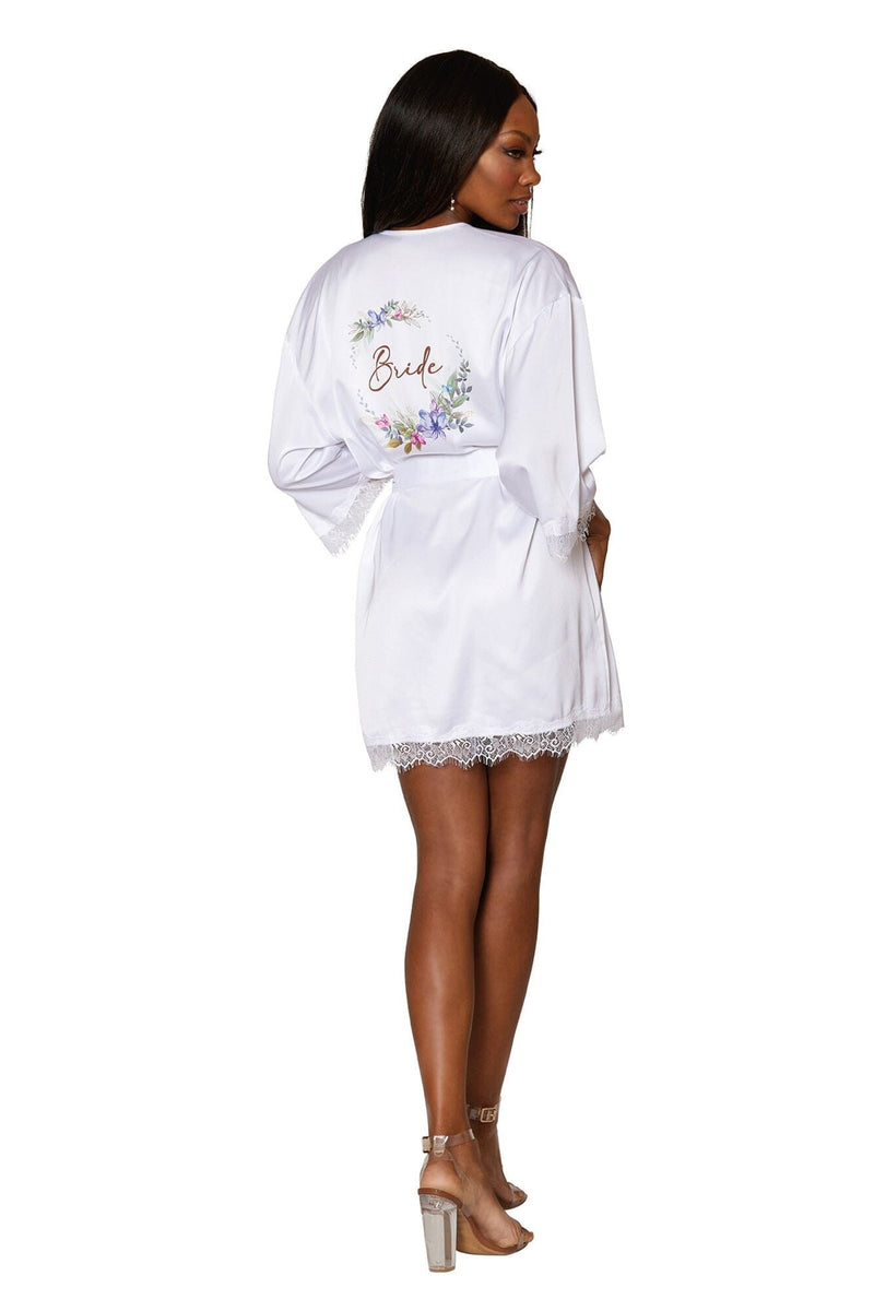 Satin and eyelash lace trim bridal robe with artistic floral screen-print on the back lingerie Dreamgirl International 