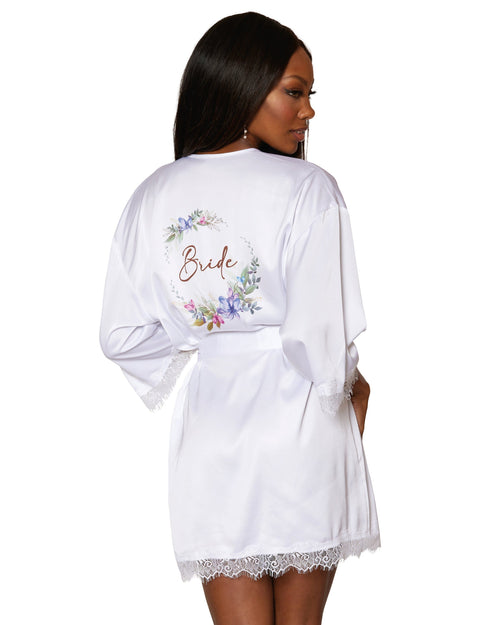 Satin and eyelash lace trim bridal robe with artistic floral screen-print on the back lingerie Dreamgirl International S White 