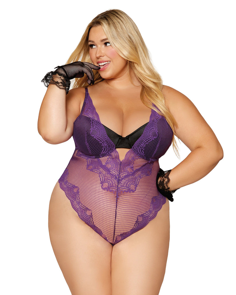 Scalloped-edge fishnet stretch lace band teddy featuring keyhole details and thong back with snap crotch LINGERIE TEDDIE Dreamgirl International 