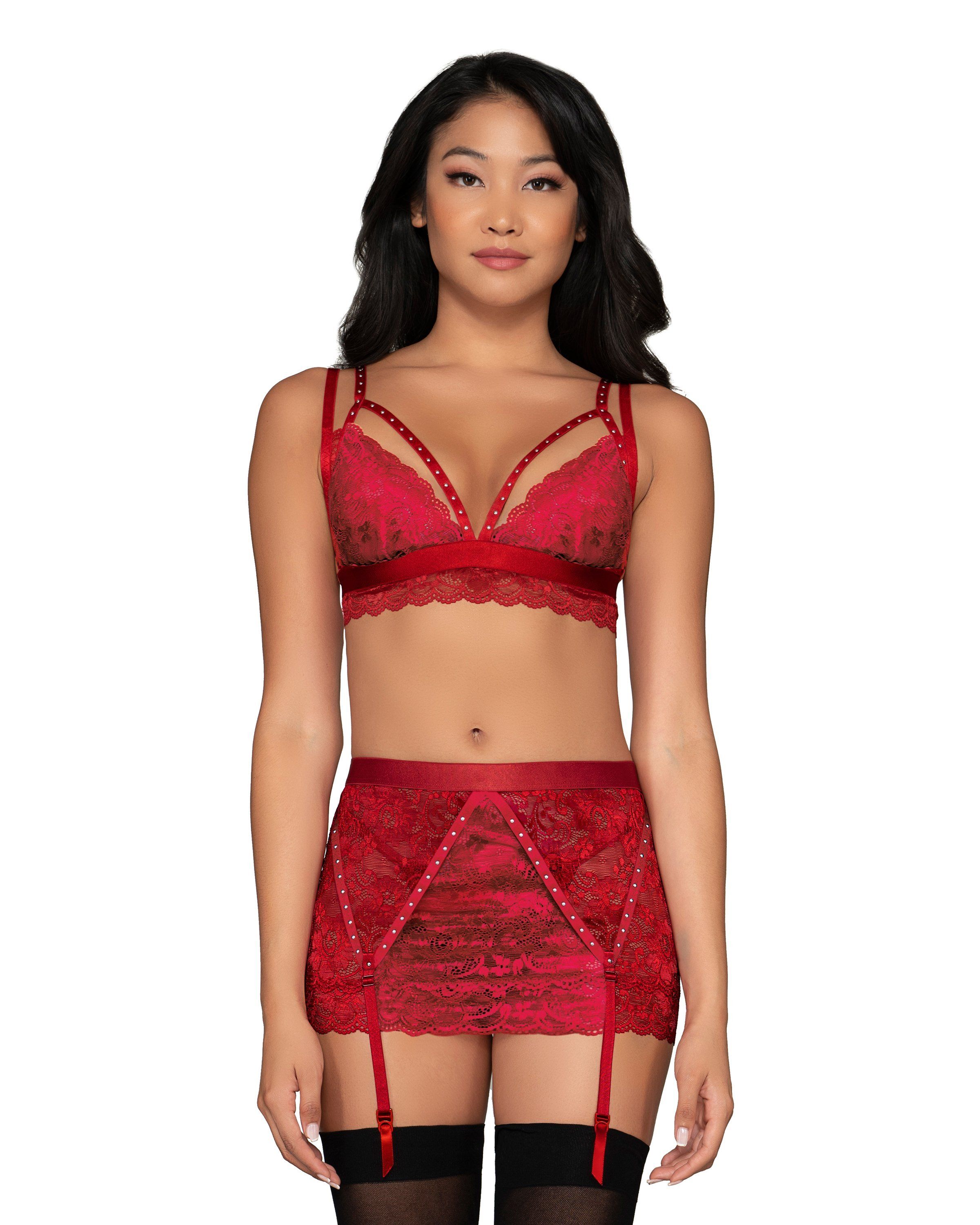 Scalloped Lace Bralette, Garterskirt & G-String Set with Studded Strapping Dreamgirl International 