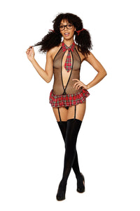 Schoolgirl-themed fishnet garter teddy set with novelty plastic glasses Lingerie Dreamgirl International 