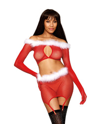 Seamless Fishnet and Feather Trim Santa Two-piece Garter Set Garter Set Dreamgirl 