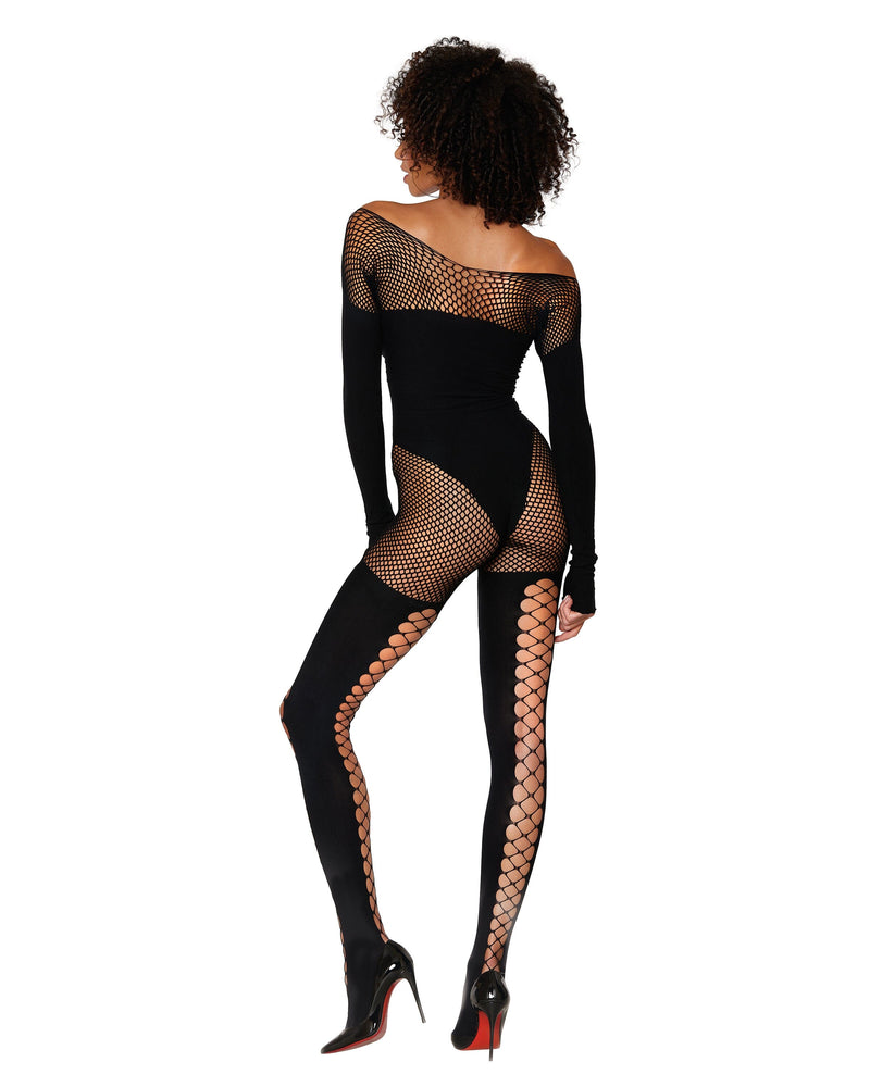 Seamless opaque and fishnet bodystocking with knitted opaque teddy design and faux lace-up stocking design lingerie Dreamgirl International 
