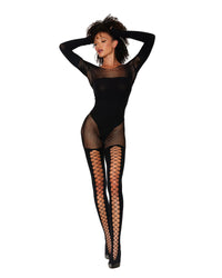 Seamless opaque and fishnet bodystocking with knitted opaque teddy design and faux lace-up stocking design lingerie Dreamgirl International