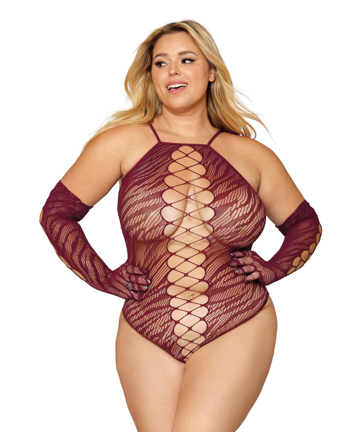 Seamless zebra fishnet teddy and glove set lingerie Dreamgirl International OSQ Burgundy 