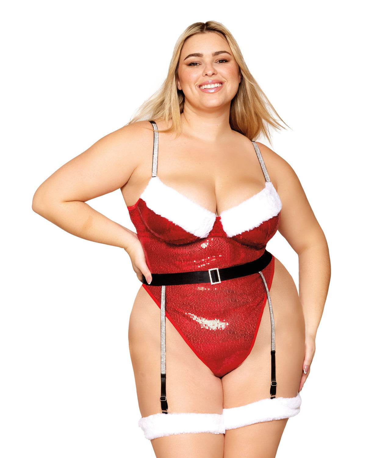 Sequined Mesh and Faux-Fur Trimmed Santa Teddy and Garter Belt Set with Rhinestone Studded Straps and Garters Teddy Dreamgirl 