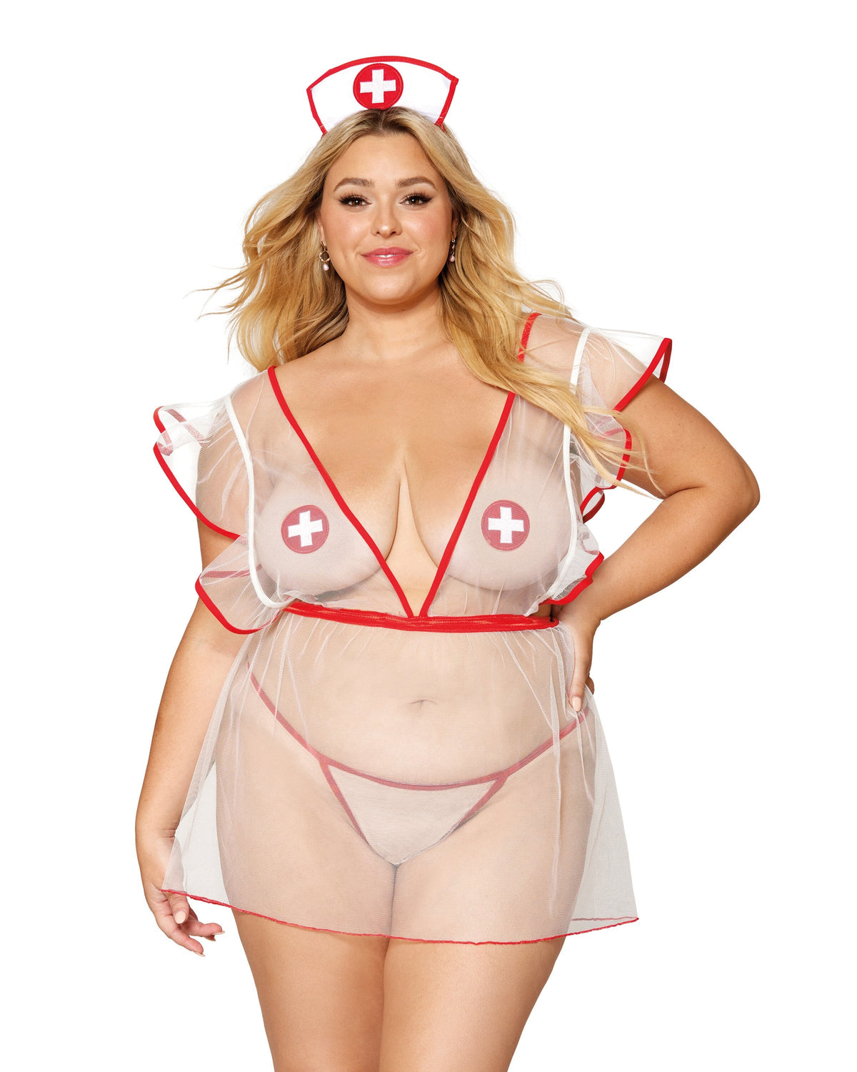 Sheer mesh nurse-themed apron with matching G-string, tie-on nurses’ cap, and pasties lingerie Dreamgirl International 